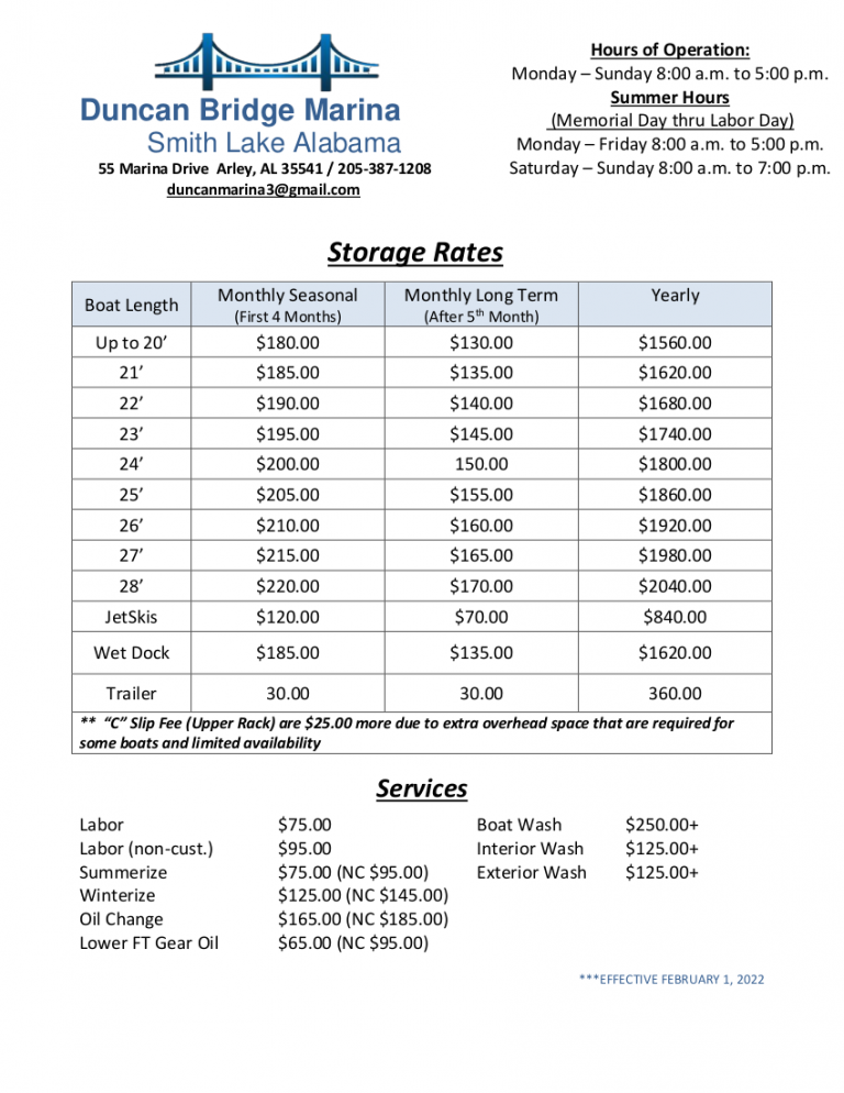 Boat Storage Rates & Services Duncan Bridge Marina